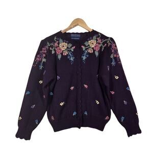 Vintage Herman Geist Cardigan M Floral Embroidered Cottagecore Wool Blend